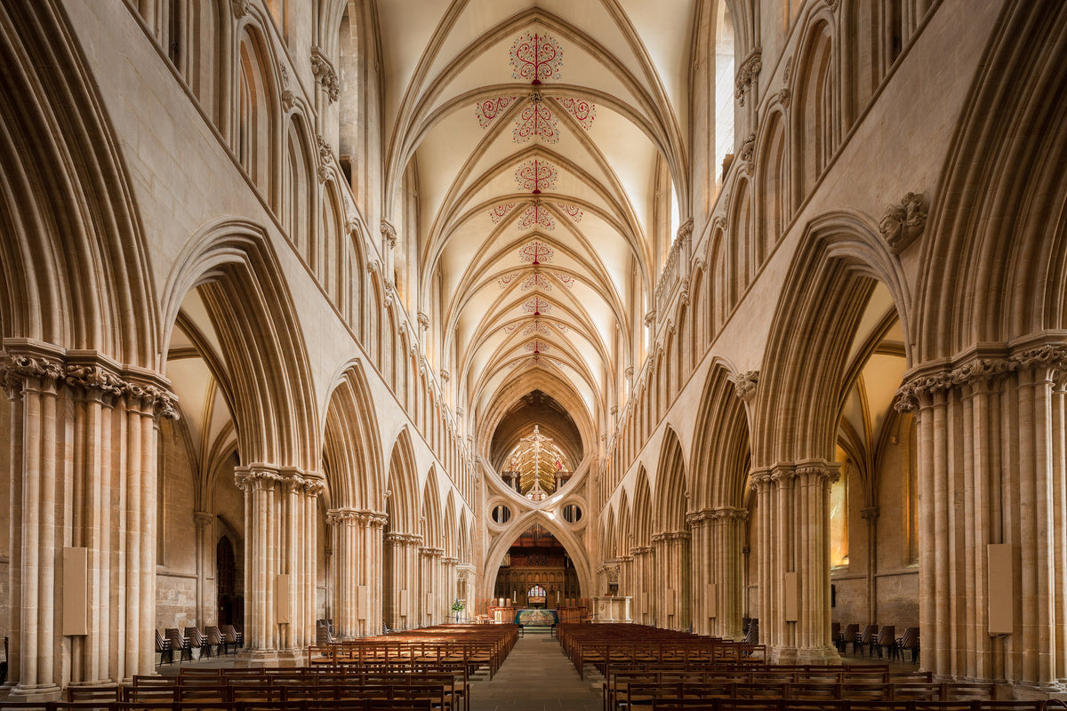 The nave of Wells Cathedral, looking east to the fourteenth-century scissor arches